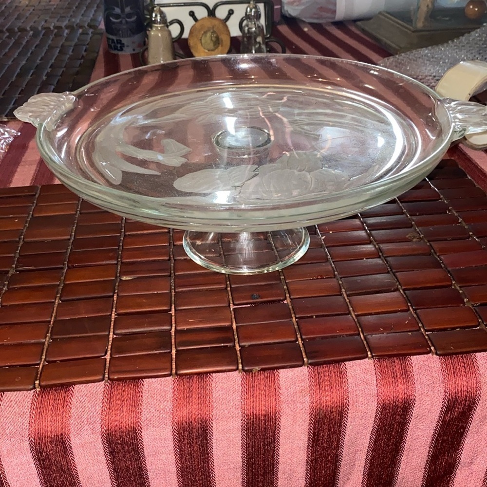 Round Glass Orchid Serving Cake Platter Etched 12" Ear Handle & Cloche 11" Dome